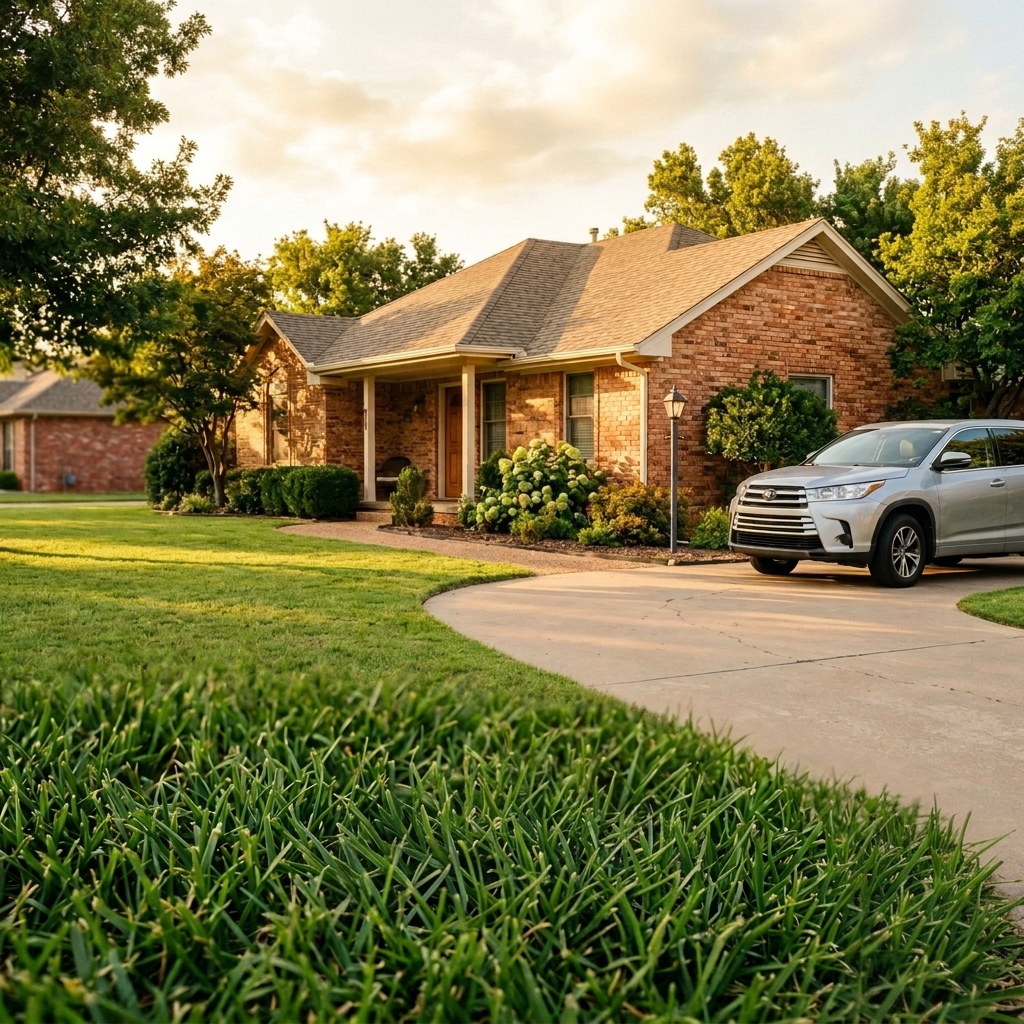 A brick home with an SUV in the driveway and house and car keys in the foreground, representing bundling home and auto insurance